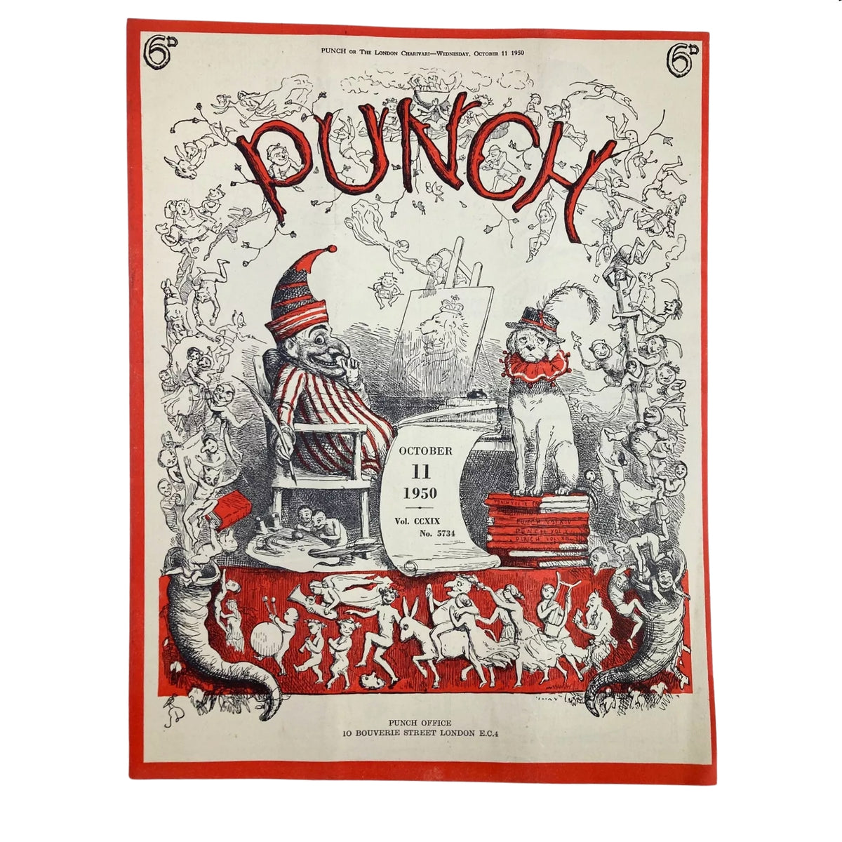 Vintage Punch magazine cover dated October 11, 1950, with colorful illustrations and whimsical characters, part of a collection of 6 Punch Magazines from 1950 - Vintage British Satire & Cartoons.
