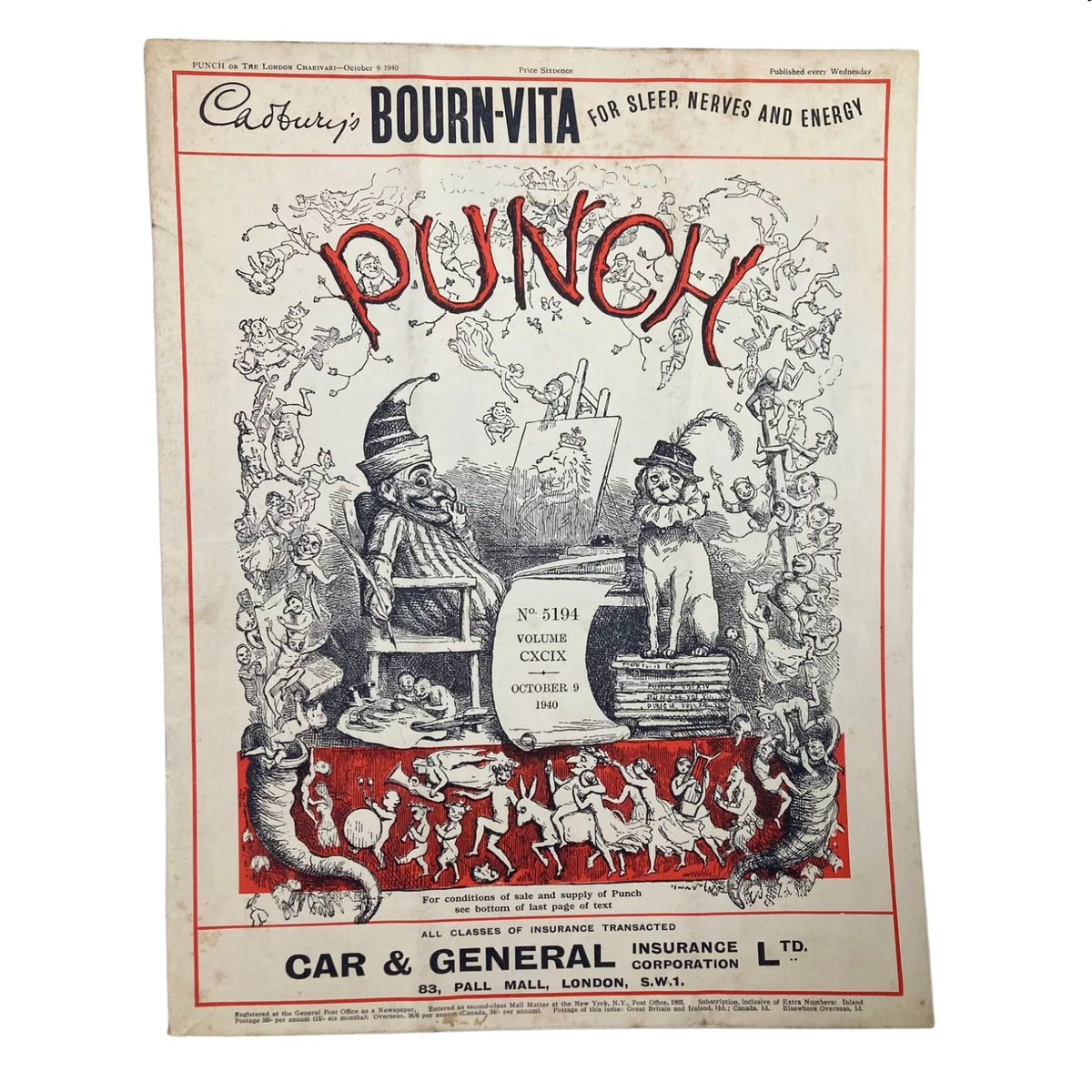 Cover of the Punch Magazine from October 9, 1940, featuring vibrant illustrations and satirical themes, part of the collection titled 'Lot of 10 Punch Magazines (1940) – WWII Era British Satire & Cartoons'.