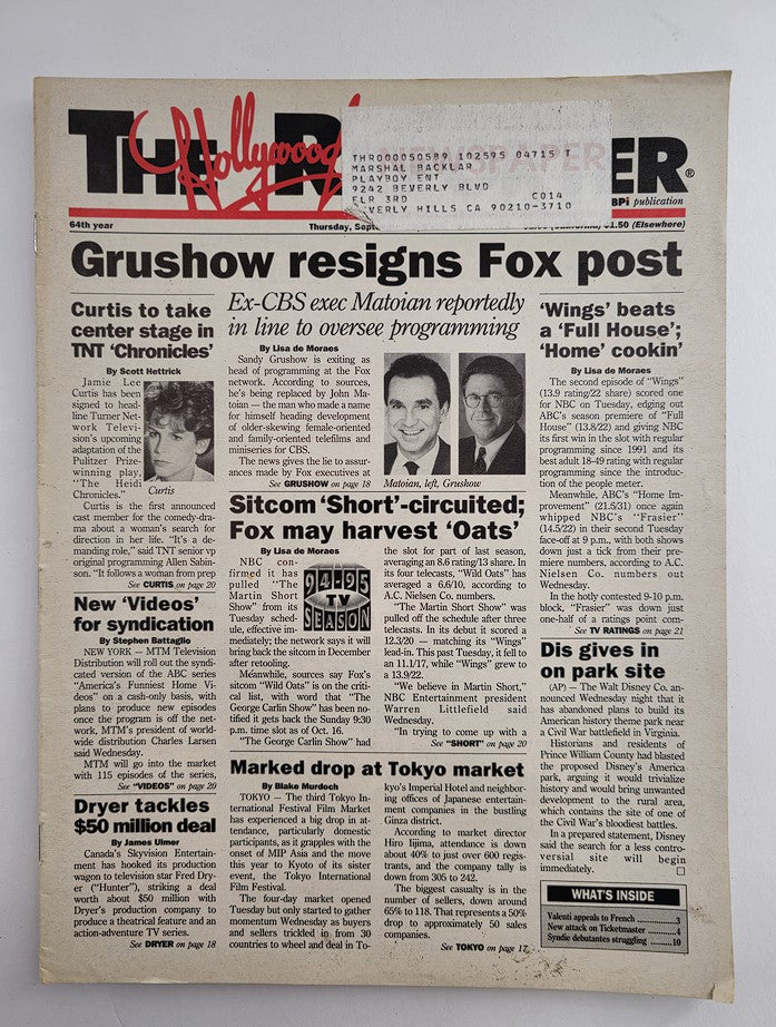 Cover of The Hollywood Reporter Magazine September issue featuring the headline 'Grushow resigns Fox post' and articles about television industry changes, vintage collectible.