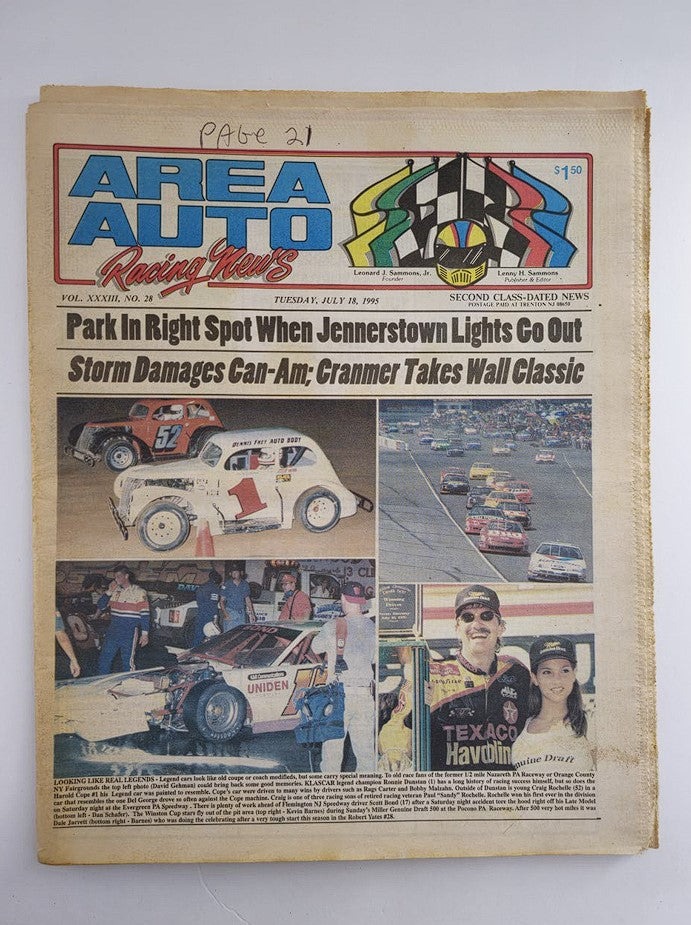 Cover of the Area Auto Racing News Tabloid from July 18, 1995, featuring a collage of racing cars and events, including details about the Jennerstown lights and notable drivers, Vol. 33 #28.