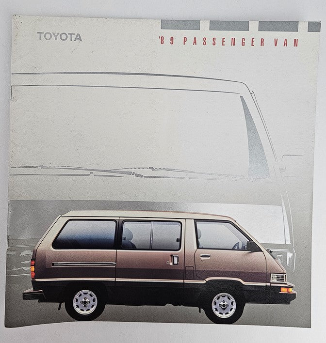 Cover of the 1989 Toyota Passenger Van Masterace Sale Brochure Catalog featuring the side view of the van with a muted background, highlighting its vintage design.
