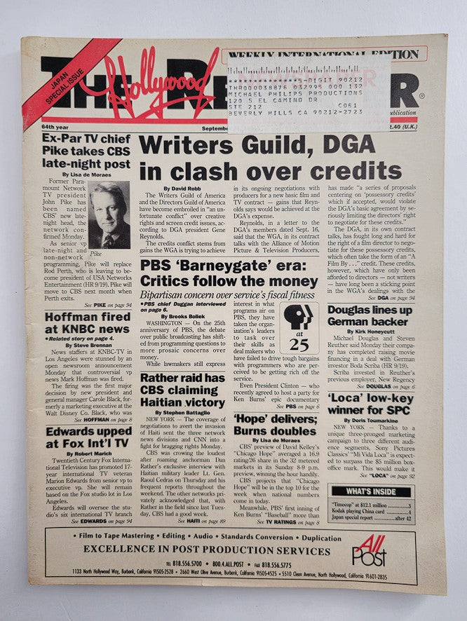 The Hollywood Reporter Magazine September 1990 featuring an article on TV executive John Pike and various network television topics from the 1990s, with a distinctive headline and layout characteristic of vintage publications.