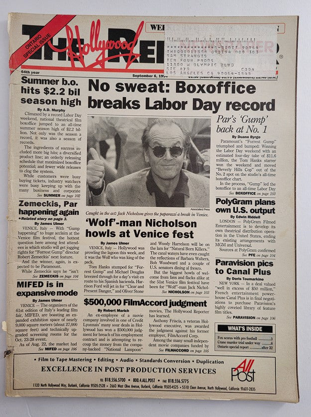 The Hollywood Reporter Magazine from September 6, 1994, featuring iconic actor Jack Nicholson known as 'Wolf-Man' on the cover, highlighting film industry news and trends.