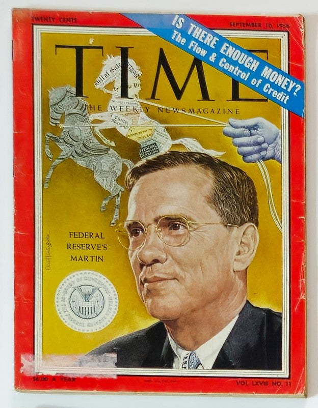 VTG Time Magazine September 10, 1956 Cover featuring William McChesney Martin, Chairman of the Federal Reserve, with a focus on the topic of economic control and money flow.