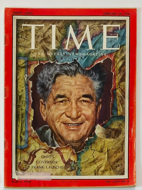 Cover of VTG Time Magazine February 20 1956, featuring Ohio Governor Frank Lausche, showcasing a portrait with a map background, highlighting historical significance.