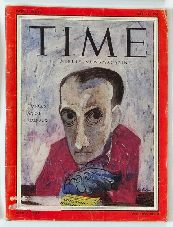 Vintage Time Magazine cover from July 18, 1955, featuring André Malraux, Volume 66, Number 3. The cover showcases a portrait of Malraux, a prominent French writer and politician, highlighting the cultural significance of mid-20th century France.