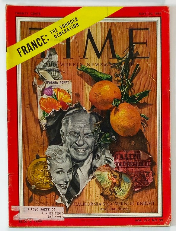 VTG Time Magazine May 30 1955 Vol 65 #22 featuring California's Governor Goodwin Knight on the cover with oranges, California poppies, and historical elements.