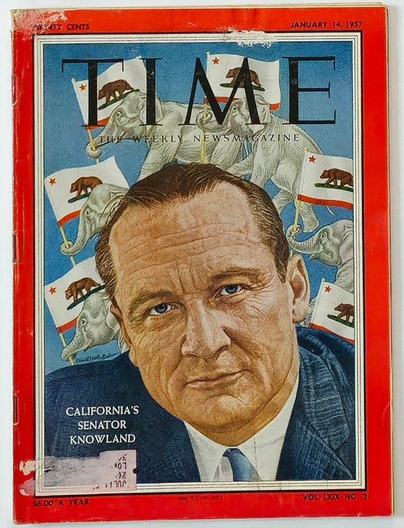 Vintage Time Magazine from January 14, 1957, Volume 69, Issue 2 featuring a cover portrait of Senator William Knowland set against a backdrop of California flags and elephants, highlighting a significant historical political moment.