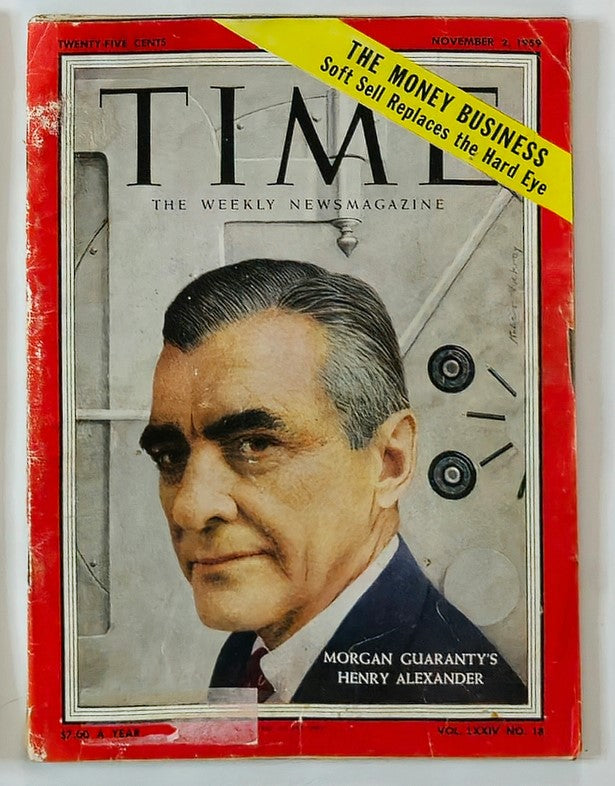 VTG Time Magazine November 2 1959, featuring Morgan Guaranty's Henry Alexander on the cover, showcasing the economic themes of the era.