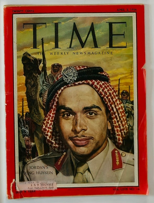 VTG Time Magazine April 2 1956 featuring King Hussein of Jordan on the cover with a detailed illustration, showcasing a historical moment in Middle Eastern history.