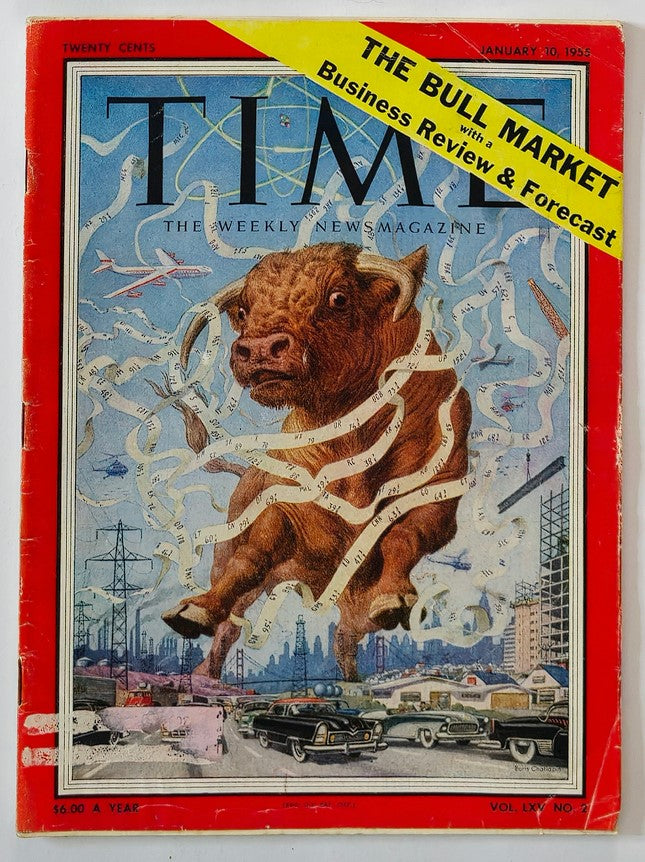 Cover of VTG Time Magazine January 10, 1955, Vol 65 #5 featuring an artistic depiction of a bull with a stock market theme, titled 'The Bull Market Review & Forecast'.