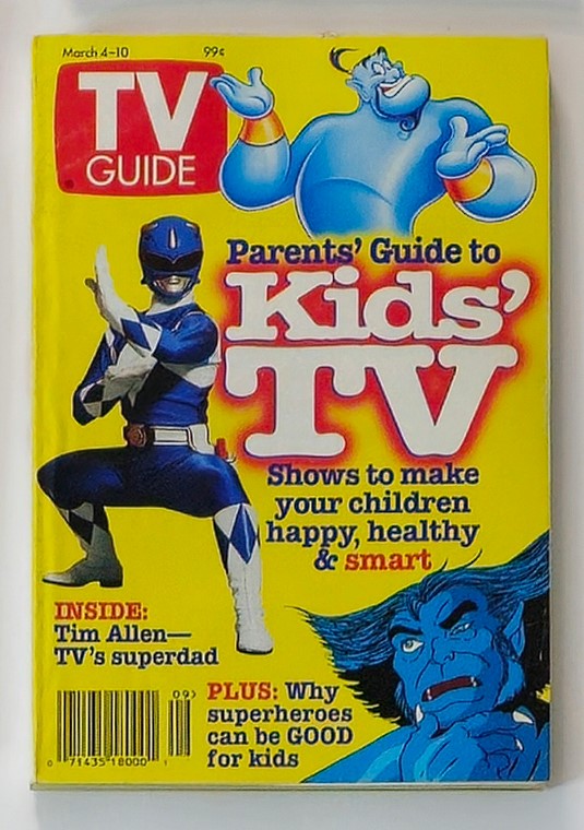 TV Guide Magazine March 4 1995 featuring Tim Allen as TV's Superdad, showcasing vibrant characters including a Power Ranger and a blue genie, with the theme 'Parents' Guide to Kids' TV'.
