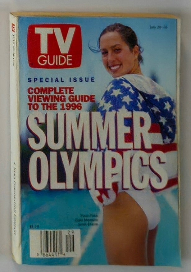 Cover of TV Guide Magazine dated July 20, 1996 featuring Olympic swimmer Janet Evans, promoting the 1996 Summer Olympics with a vibrant design.