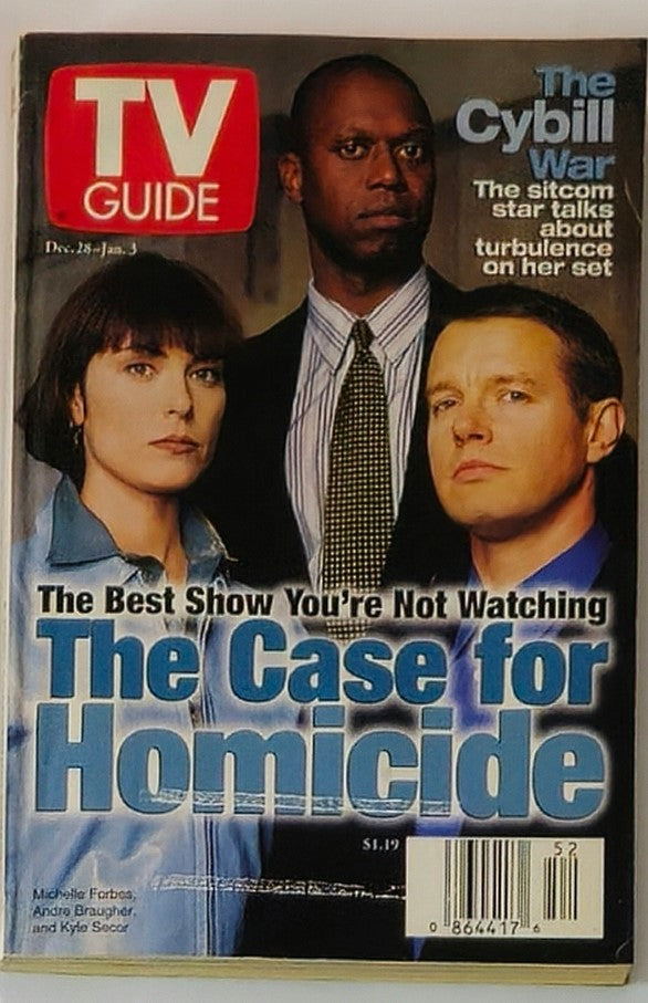 TV Guide Magazine cover from December 28, 1997, featuring Michelle Forbes, Andre Braugher, and Kyle Secor. The New York Metro Edition highlights 'The Case for Homicide' and discusses the 'Cybill War,' making it a valuable collectible for vintage magazine enthusiasts.
