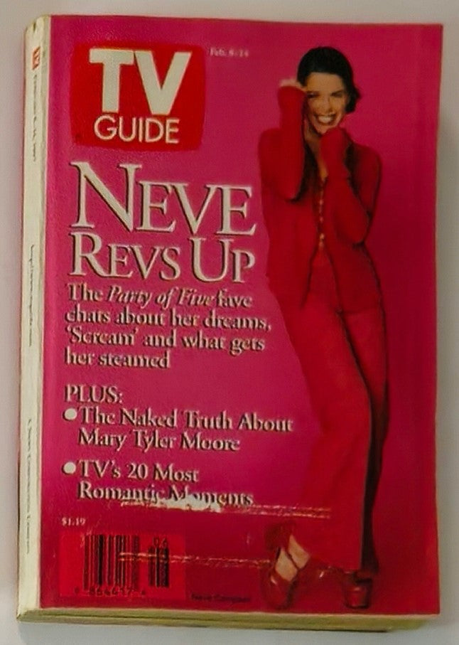 TV Guide Magazine February 8 1997 featuring Neve Campbell on the cover in a red outfit, highlighting her interview regarding 'Party of Five', 'Scream', and more.