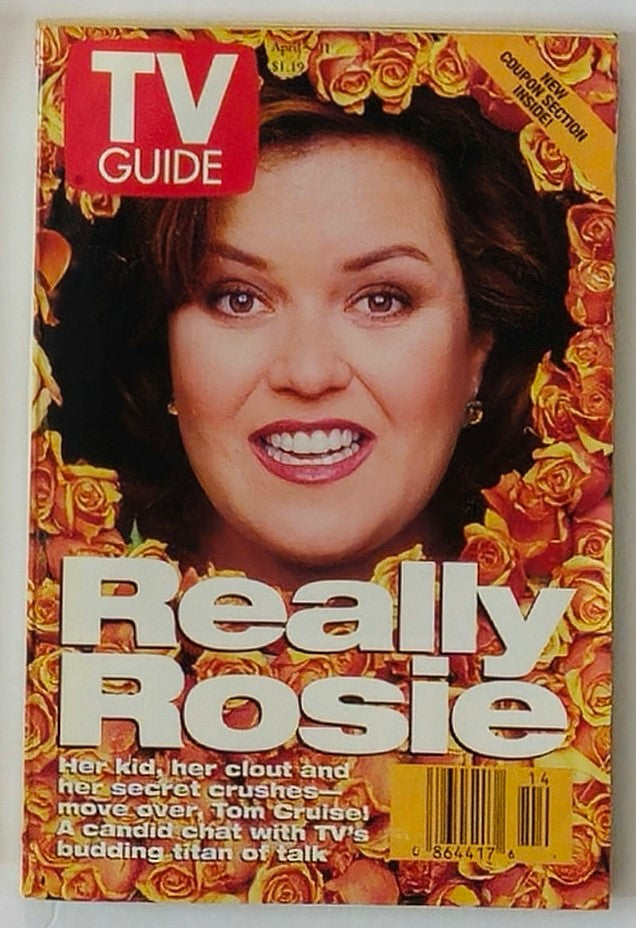 TV Guide Magazine April 5 1997 featuring Rosie O'Donnell on the cover, surrounded by roses, highlighting her influence in television and pop culture during the late 90s.