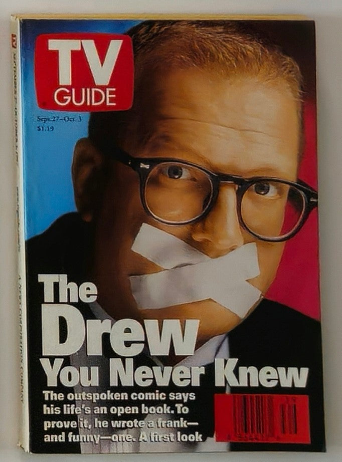 Cover of TV Guide Magazine September 27, 1997 featuring Drew Carey with tape over his mouth, highlighting the article 'The Drew You Never Knew'. This vintage edition is perfect for collectors and fans of 90s television.
