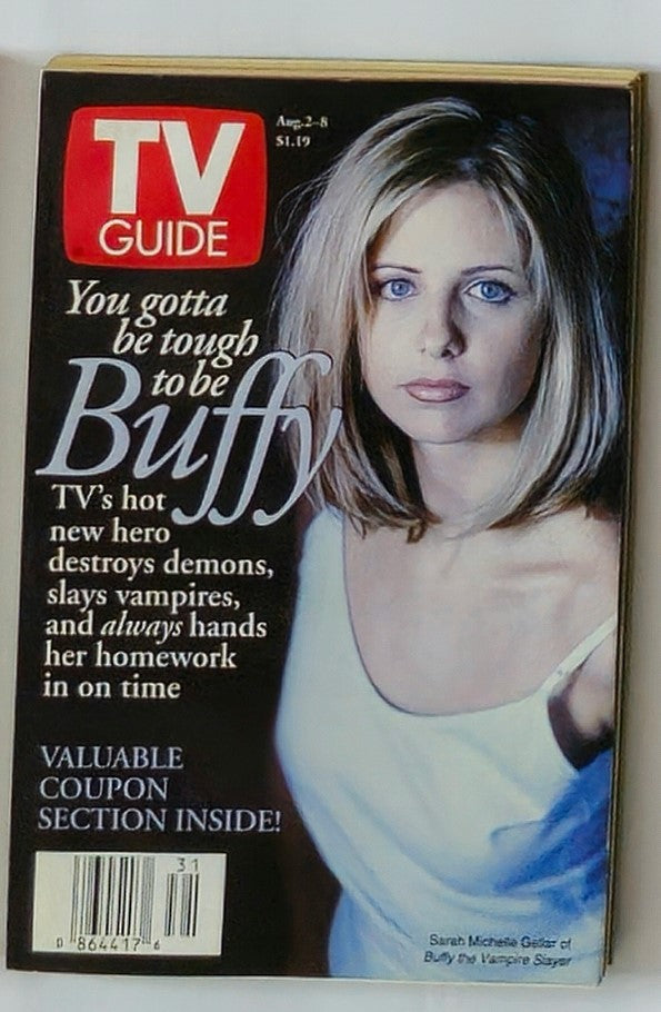 TV Guide Magazine August 2 1997 featuring Sarah Michelle Gellar on the cover. The cover highlights her role as Buffy, with the tagline "You gotta be tough to be Buffy" and includes promotional text about the TV show's themes.