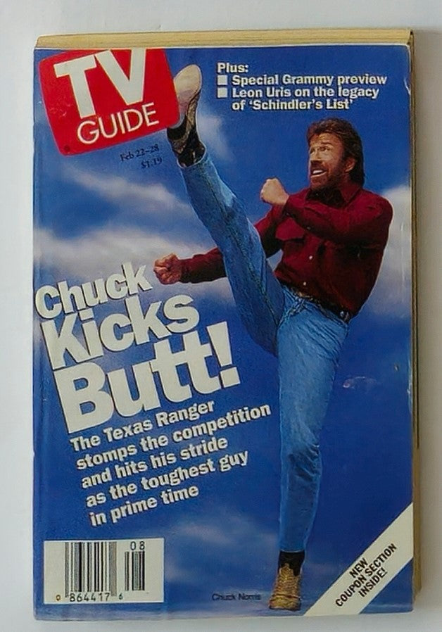 TV Guide Magazine February 22 1997 featuring Chuck Norris kicking, showcasing the headline 'Chuck Kicks Butt!' and highlighting his role as the Texas Ranger, in a vintage New York Metro Edition.