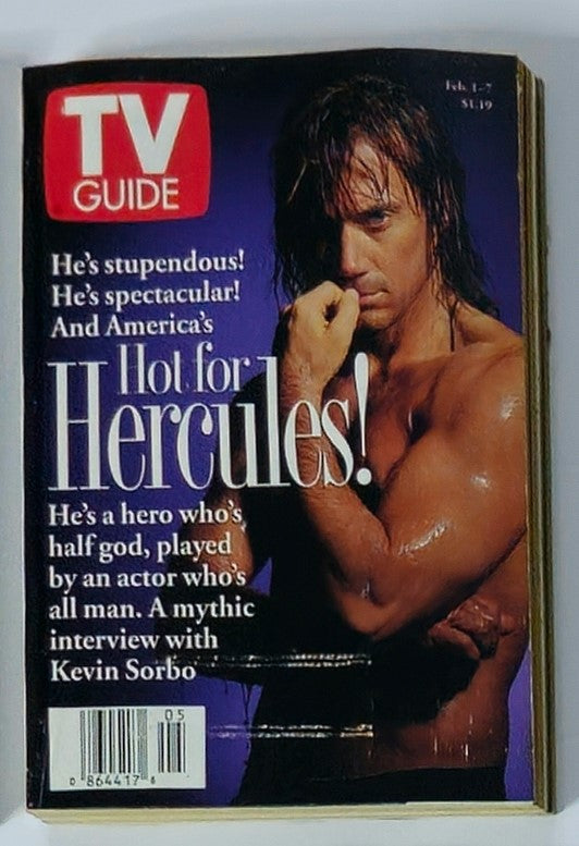 Cover of TV Guide Magazine, February 1, 1997, New York Metro Edition featuring Kevin Sorbo showcasing his role in Hercules with a captivating image and text highlighting his popularity.