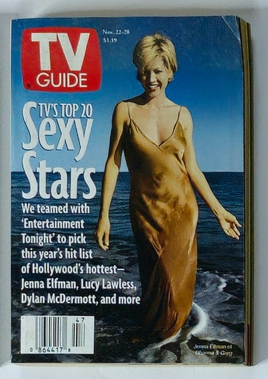 Cover of TV Guide Magazine, November 22, 1997, featuring actress Jenna Elfman in a stunning dress at the beach. The magazine highlights TV's top 20 sexy stars, including popular names like Lucy Lawless and Dylan McDermott.