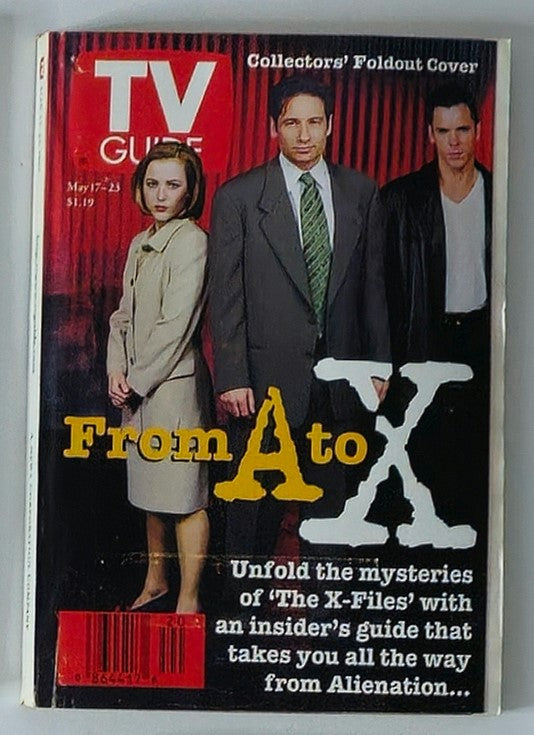 Cover of TV Guide Magazine from May 17, 1997 featuring Gillian Anderson and David Duchovny from 'The X-Files' with the headline 'From A to X' highlighting the show's mysteries.