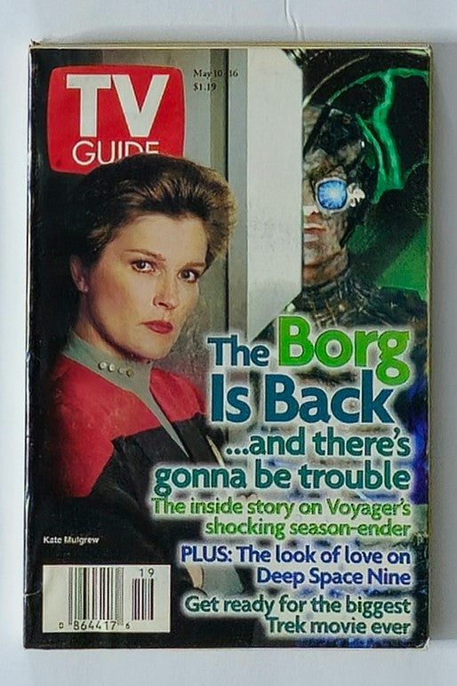 Cover of TV Guide Magazine May 10, 1997 featuring Kate Mulgrew. The headline 'The Borg Is Back ...and there’s gonna be trouble' highlights a feature on Voyager's shocking season-ender, alongside mention of Deep Space Nine.
