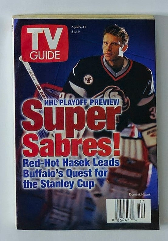 Cover of TV Guide Magazine from April 5, 1997, featuring hockey player Dominik Hasek, highlighting the NHL Playoff Preview and Buffalo's quest for the Stanley Cup.