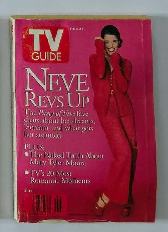 TV Guide Magazine February 8 1997 featuring Neve Campbell on the cover, showcasing her joyful expression and vibrant red outfit, highlighting the 'Party of Five' star's interview and topics related to television culture of the late '90s.