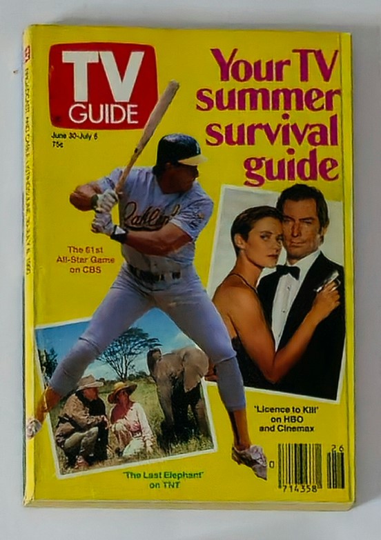TV Guide Magazine from June 30, 1990 featuring the cover story 'The Last Elephant' along with visuals of a baseball player, actors from 'Licence to Kill', and promotional advertisements for summer TV programming.