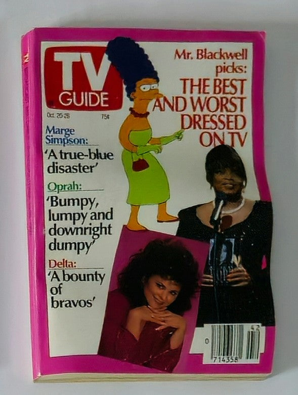 Cover of TV Guide Magazine from October 20, 1990, featuring Oprah Winfrey, Marge Simpson, and Delta Burke, highlighting 'The Best and Worst Dressed on TV'.