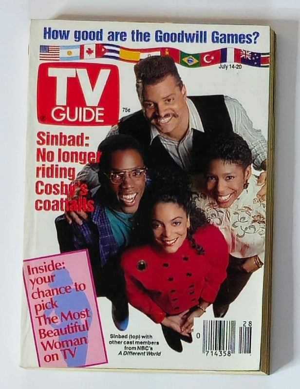 Cover of TV Guide Magazine July 14, 1990, featuring Sinbad and cast members from NBC's A Different World, highlighting television culture of the early 90s.