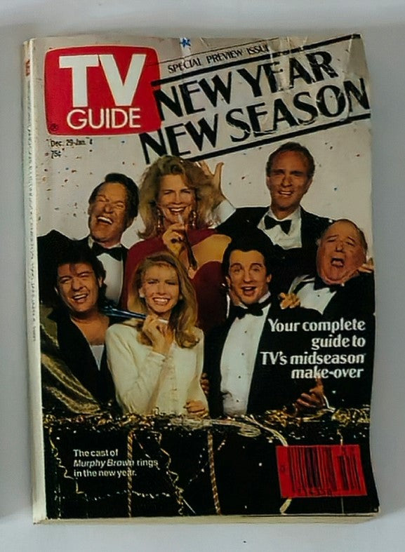 TV Guide Magazine December 29 1990 featuring the cast of Murphy Brown in festive attire, celebrating the New Year. This New York Metro edition showcases the iconic sitcom from the 90s, perfect for collectors of vintage magazines.