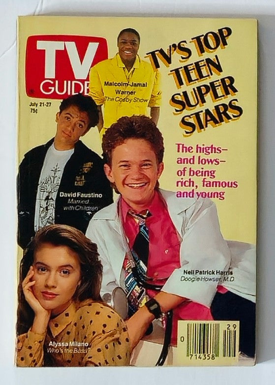 TV Guide Magazine cover dated July 21, 1990 featuring Alyssa Milano, Malcolm-Jamal Warner, David Faustino, and Neil Patrick Harris as TV's top teen superstars. The magazine highlights pop culture and notable television programming from the early '90s.