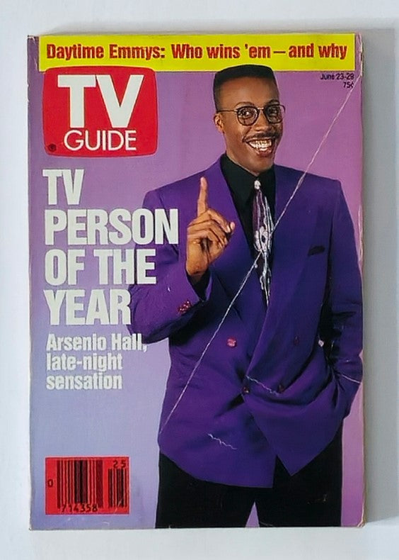 TV Guide Magazine cover from June 23, 1990 featuring Arsenio Hall as TV Person of the Year, showcasing vibrant colors and a stylish design indicative of late 80s culture.