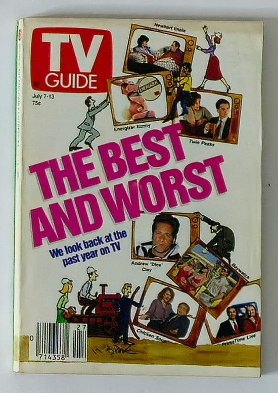 TV Guide Magazine cover from July 7-13, 1990, featuring a colorful illustration of Andrew 'Dice' Clay and highlights from the television year, with the title 'THE BEST AND WORST'. The magazine showcases popular TV shows of that era and nostalgic elements from the late 80s and early 90s.