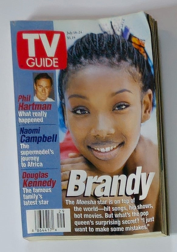Cover of TV Guide Magazine from July 18, 1998 featuring Brandy, highlighting her popularity as a star with text mentioning her role in 'Moesha' and articles about Phil Hartman and Naomi Campbell.