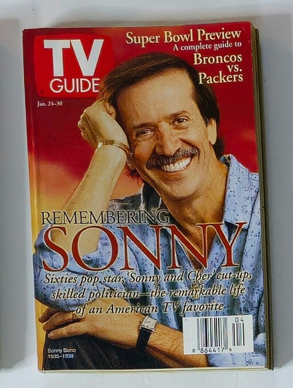 TV Guide Magazine January 24 1998 featuring Sonny Bono on the cover, highlighting his contribution to television and entertainment. The magazine includes a Super Bowl preview, and reflects on the life and career of the pop star and politician, making it a valuable vintage collectible.