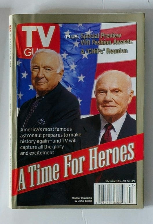 Cover of TV Guide Magazine, October 24, 1998, featuring Walter Cronkite and John Glenn, highlighted with a 'A Time For Heroes' banner.