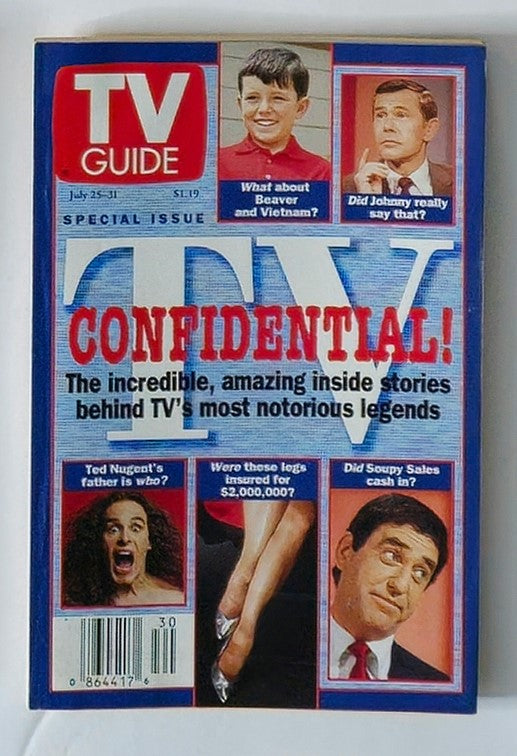TV Guide Magazine cover from July 25, 1998 featuring Ted Nugent with headlines about TV legends and entertaining stories.