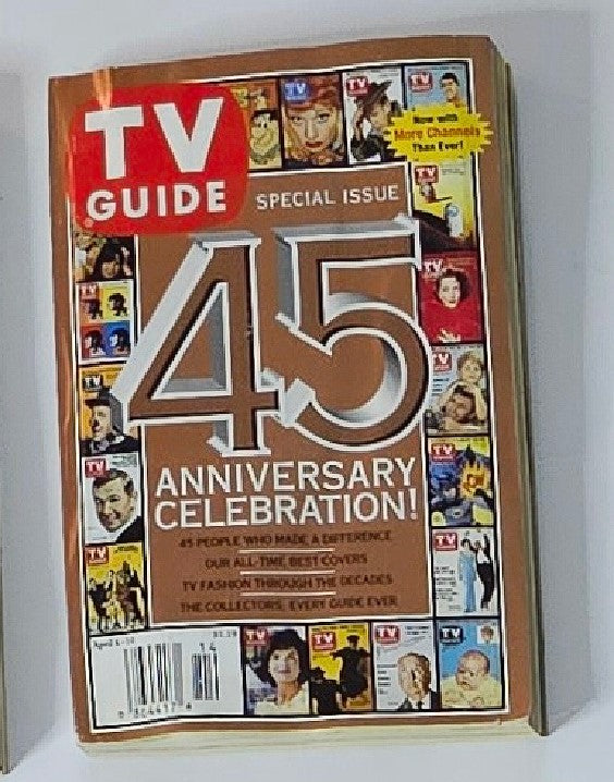 TV Guide Magazine April 4 1998 45th Anniversary New York Metro Edition featuring a special cover celebrating 45 years of television. The cover showcases a collage of famous TV personalities and highlights significant TV moments, perfect for collectors and vintage magazine enthusiasts.