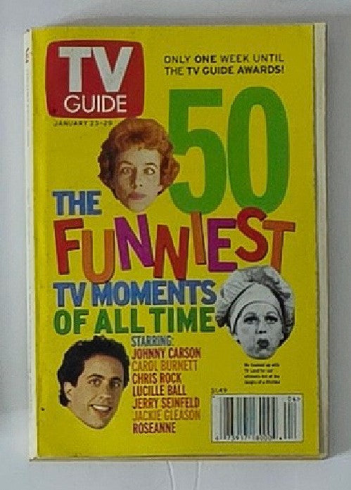 TV Guide Magazine cover from January 23, 1999, featuring '50 The Funniest TV Moments of All Time' with images of Johnny Carson, Carol Burnett, and other famous comedians. This vintage issue highlights iconic television history and is a collectible for fans.