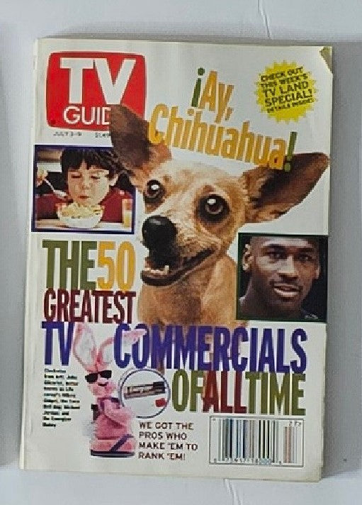 Cover of TV Guide Magazine July 3 1999 featuring a Chihuahua, a child eating, and an athlete, highlighting the 50 greatest TV commercials of all time.
