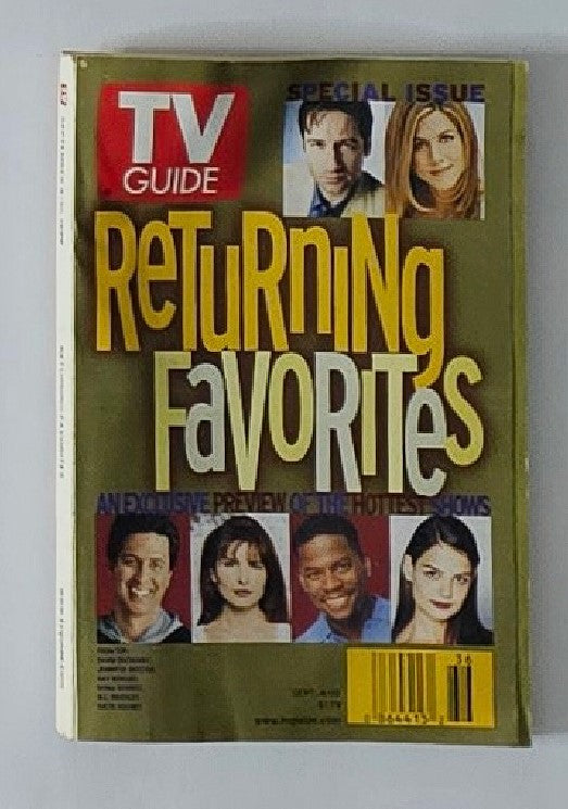 TV Guide Magazine September 4 1999 featuring David Duchovny on the cover, showcasing a vintage design with prominent text 'Returning Favorites' and a collection of popular TV show stars, making it a significant collectible for fans of television history.