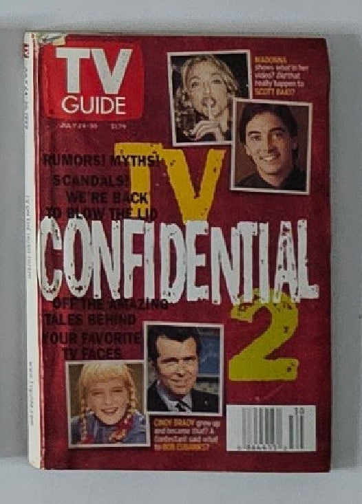 TV Guide Magazine cover from July 24, 1999 featuring Madonna and Scott Baio with the title 'TV Confidential 2'. The magazine highlights rumors and scandals in television, showcasing pop culture from the 90s.