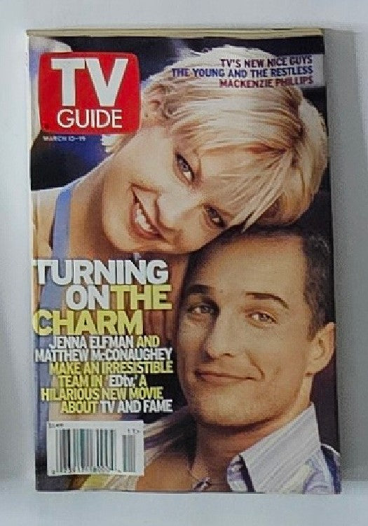 TV Guide Magazine March 13 1999 featuring Jenna Elfman and Matthew McConaughey on the cover, highlighting their charm in a new movie about TV and fame.