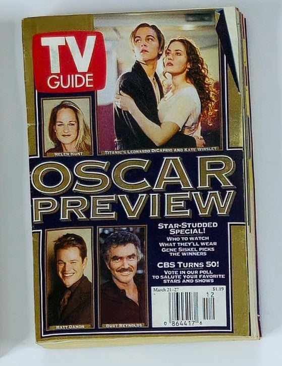 TV Guide Magazine from March 21, 1998 featuring Oscar Preview with Kate Winslet, Helen Hunt, and Leonardo DiCaprio. This vintage magazine highlights a special edition covering the Oscars and the stars of the time.