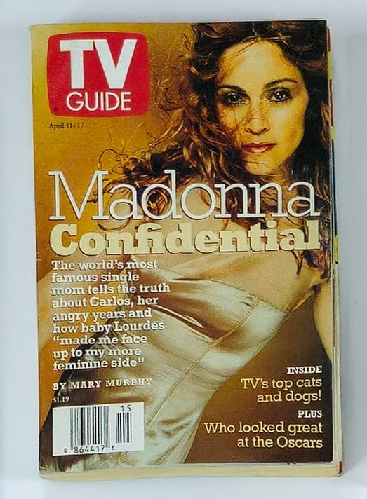 TV Guide Magazine April 11 1998 featuring Madonna Confidential cover, showcasing the iconic pop star with the headline discussing her life and motherhood.