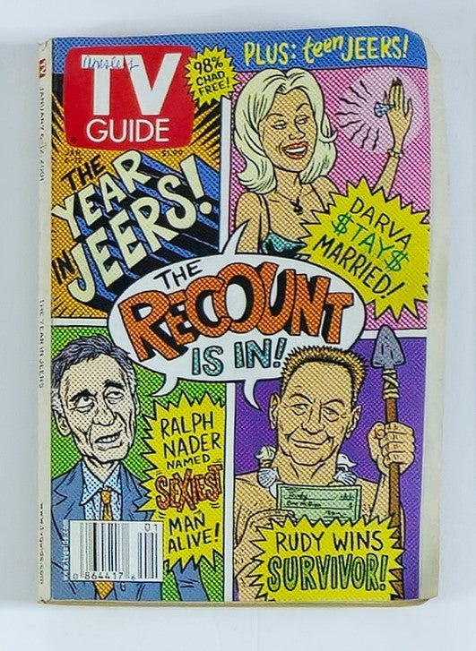 Cover of TV Guide Magazine from January 6, 2001, featuring Ralph Nader, with colorful comic-style illustrations and headlines discussing political events and entertainment, highlighting the issue as a collectible for political history enthusiasts.
