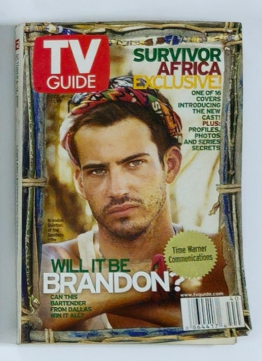 Cover of TV Guide Magazine October 6, 2001 featuring Brandon Quinton, highlighting Survivor Africa Exclusive with a focus on television culture from the early 2000s.